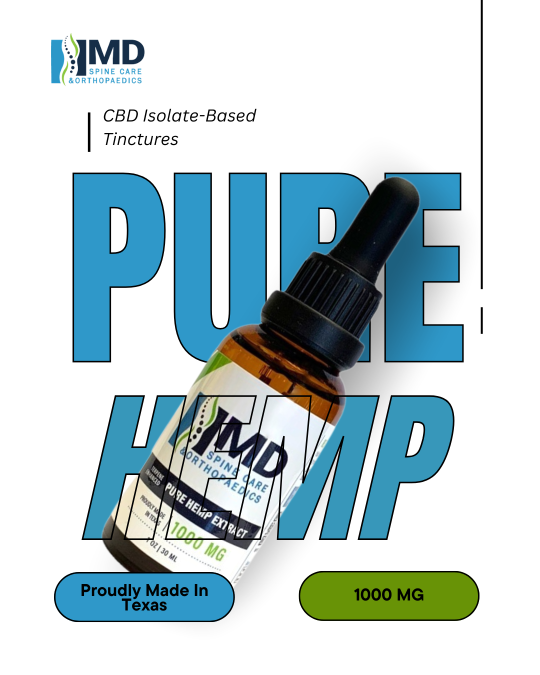 CBD isolate bottle labeled “PURE HEMP” on white background, with blue and green text badges.
