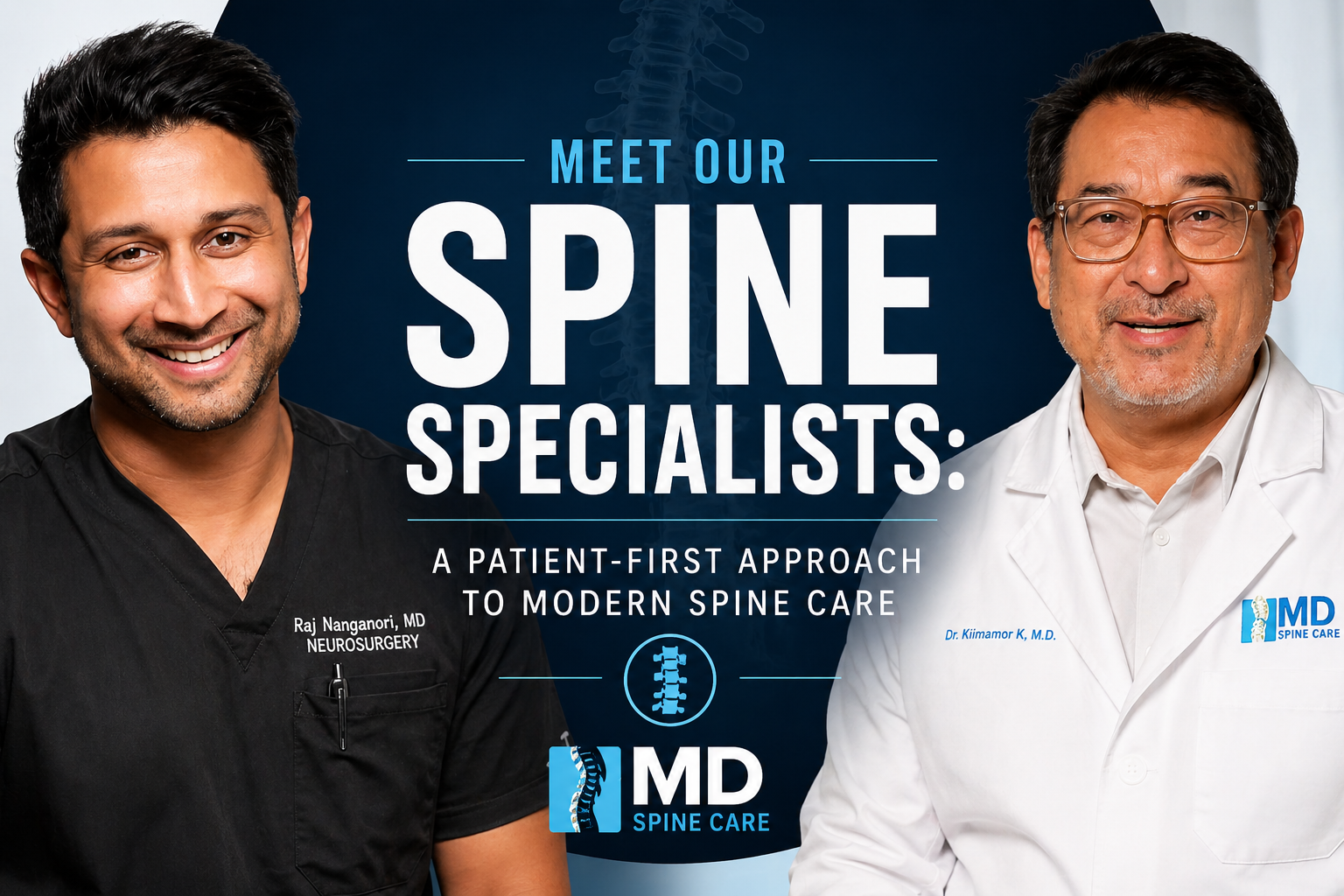 Two spine specialists in black and white shirts beside text: “Meet our spine specialists.”