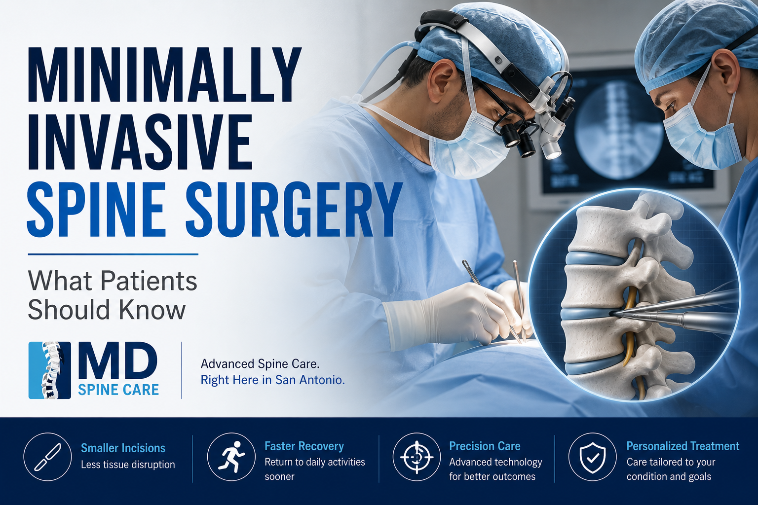 Minimally invasive spine surgery brochure with surgeons and spine illustration on a blue background