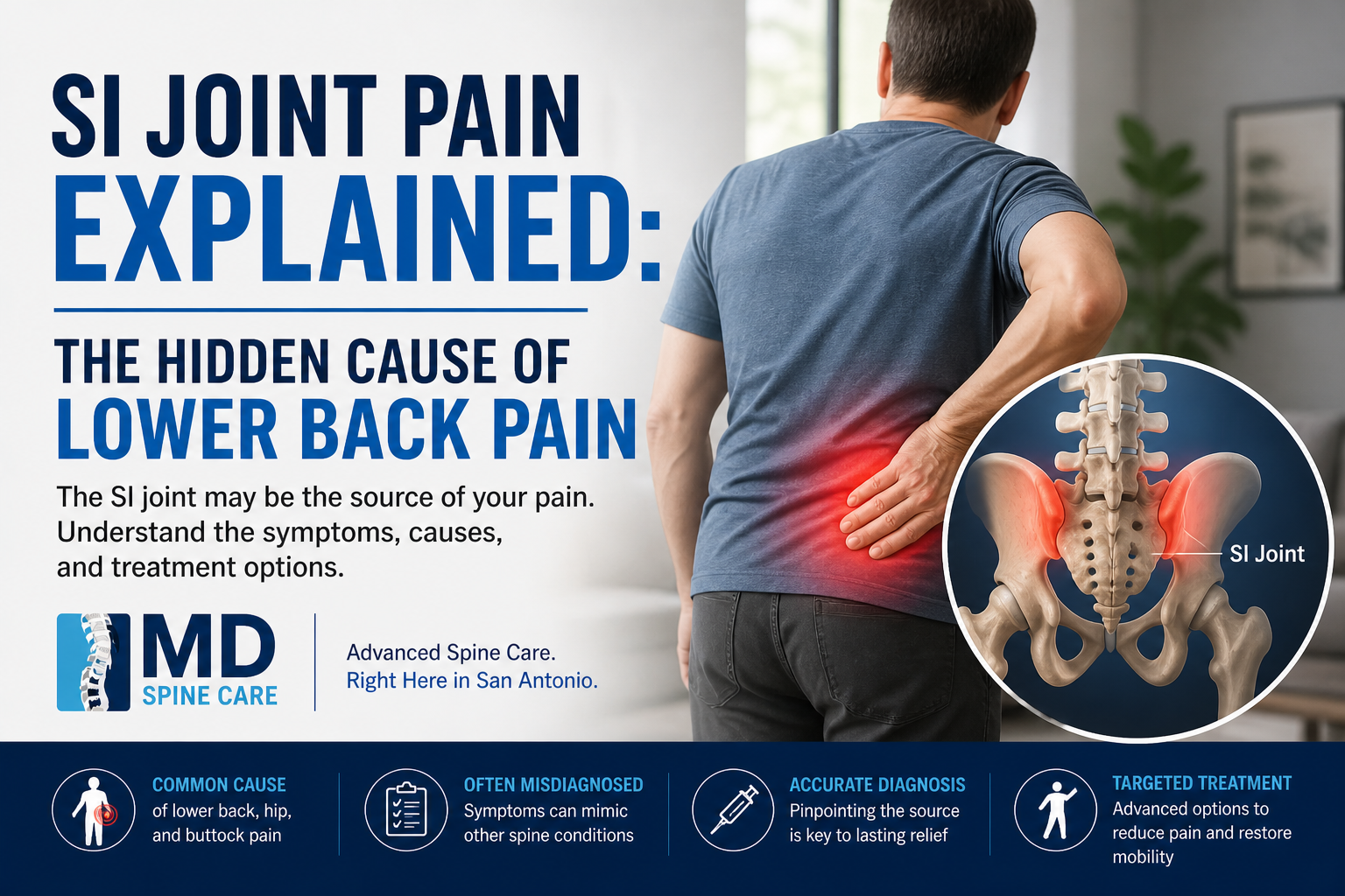 Poster on SI joint pain, with man holding lower back and text about hidden causes of lower back pain.