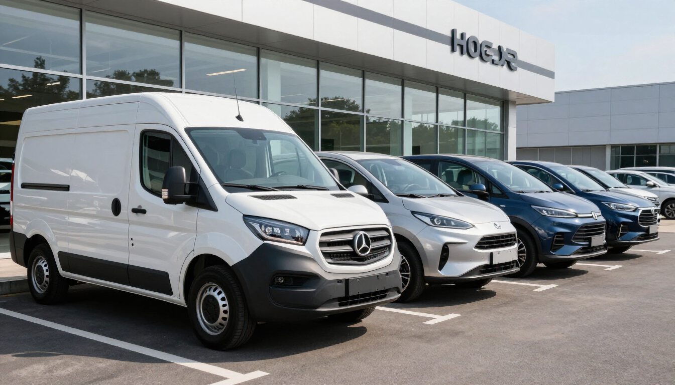 Una fila di furgoni commerciali bianchi parcheggiati fuori dallo showroom di una concessionaria.