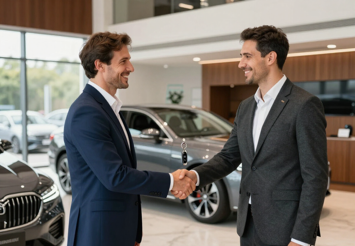 Due uomini in giacca e cravatta si stringono la mano in un luminoso showroom di una concessionaria d'auto, con le vetture sullo sfondo.