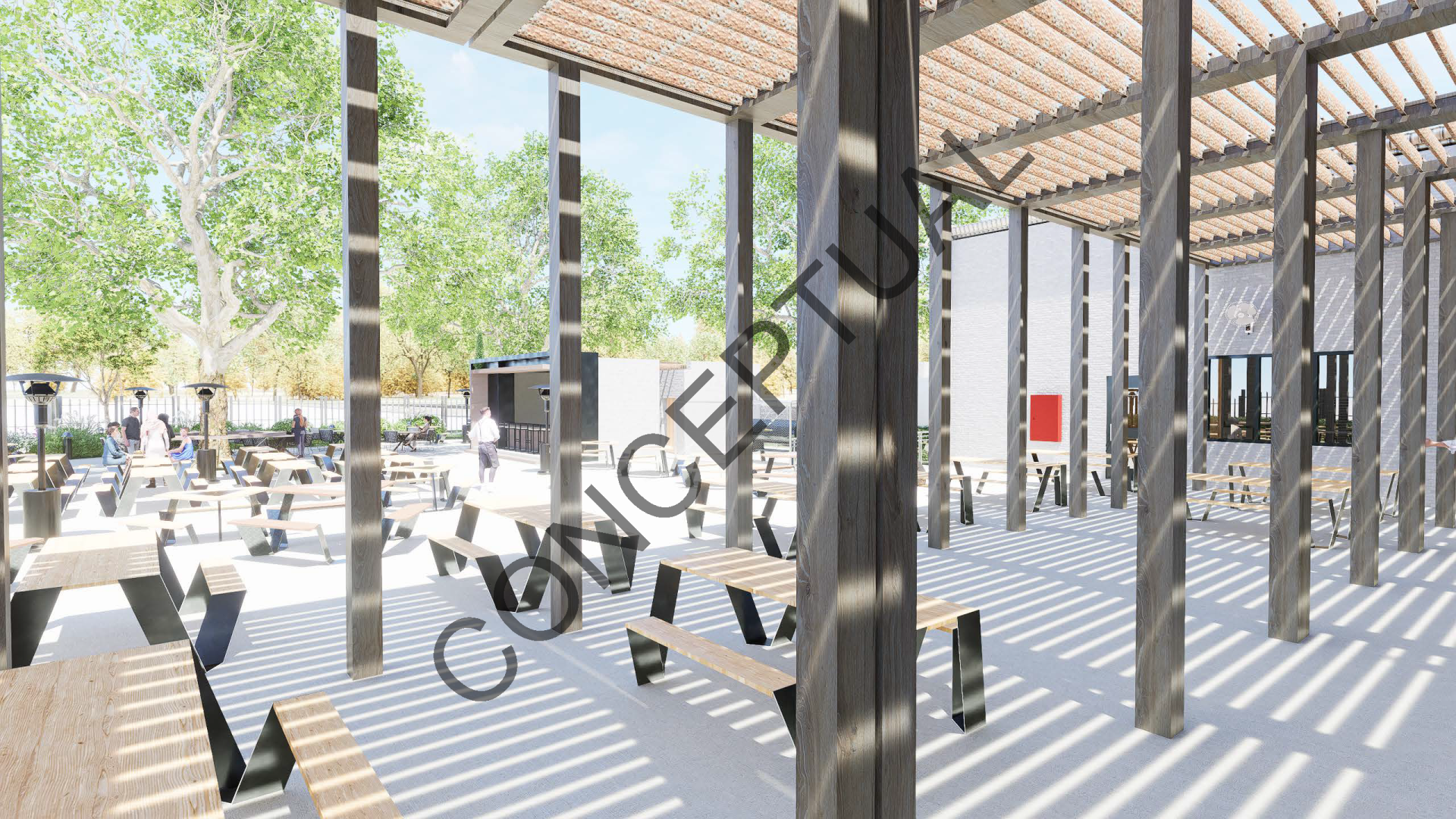 An artist 's impression of a picnic area with tables and benches under a pergola.
