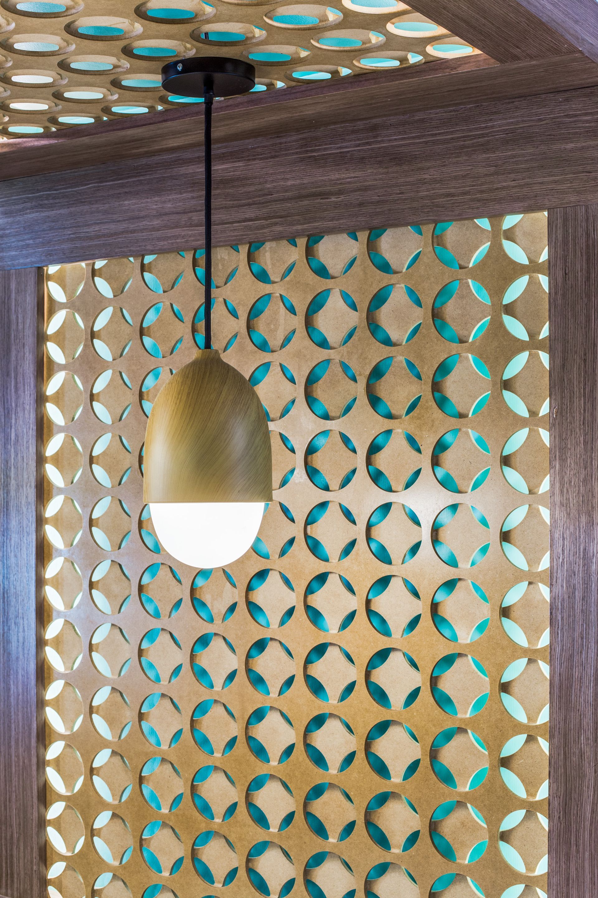 A pendant light is hanging from the ceiling above a wall with a pattern on it.