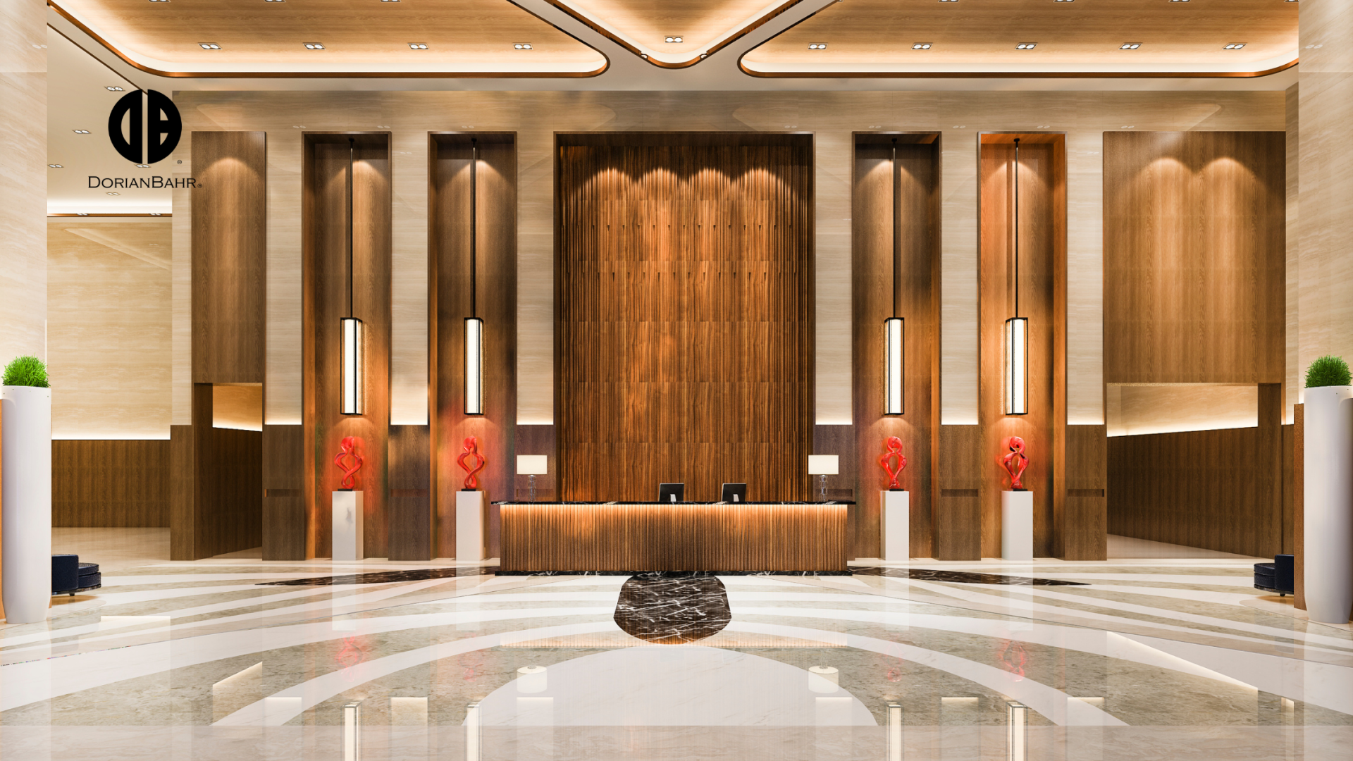 A large lobby with a wooden door and a marble floor.