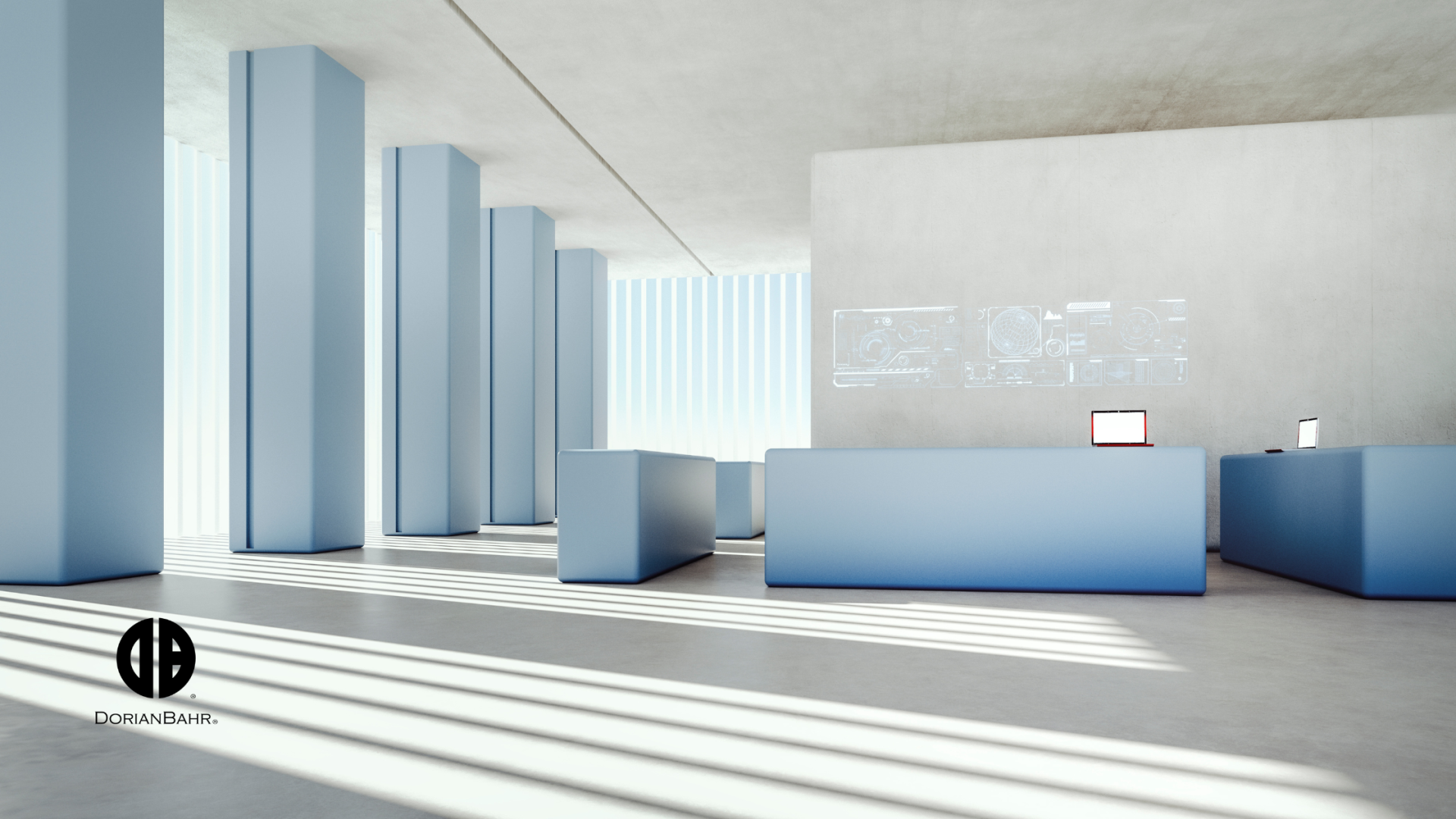 A rendering of a reception area with a sign that says ad