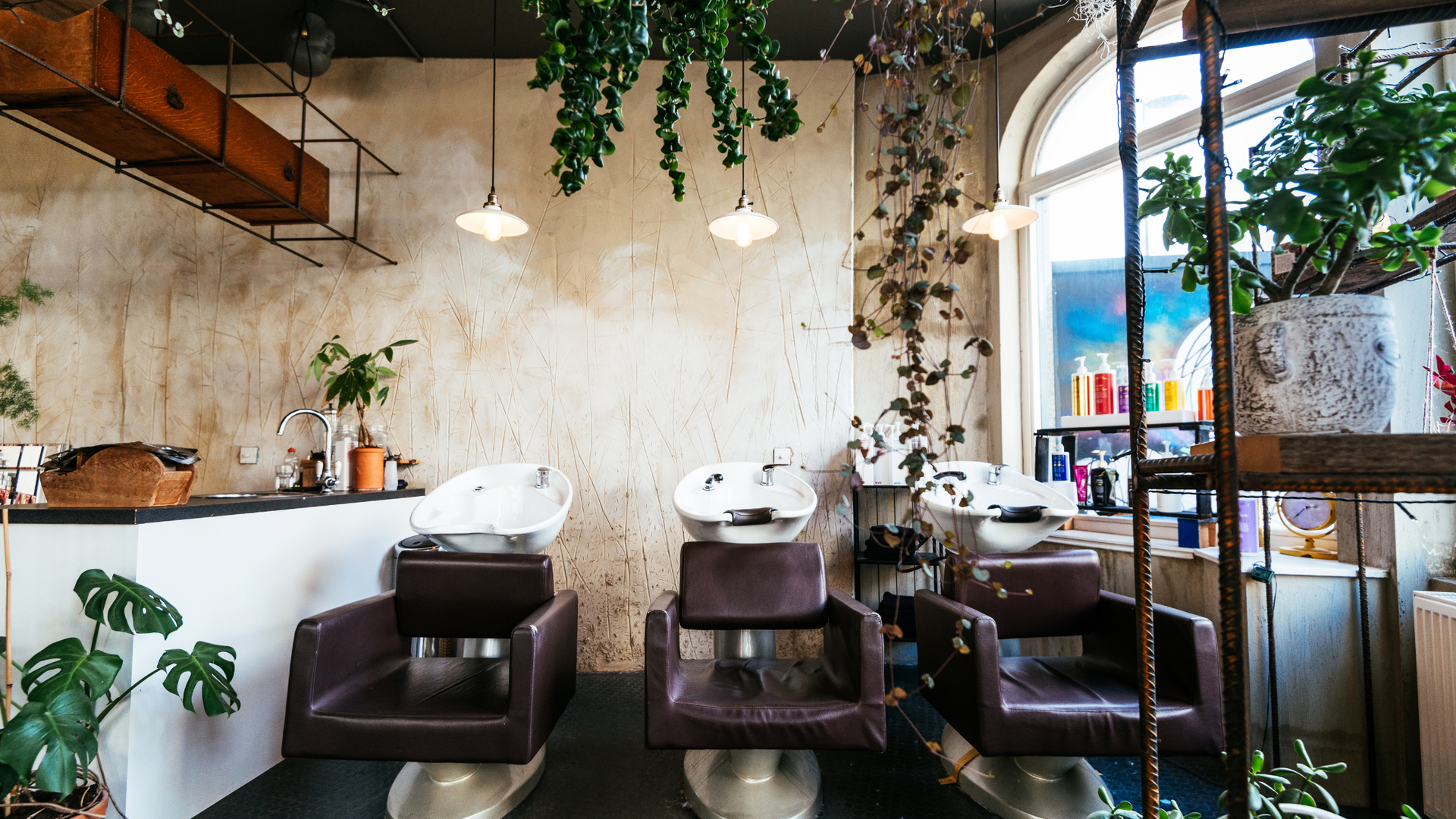 Hair salon with three shampoo chairs, plants, and decorative overhead lights.