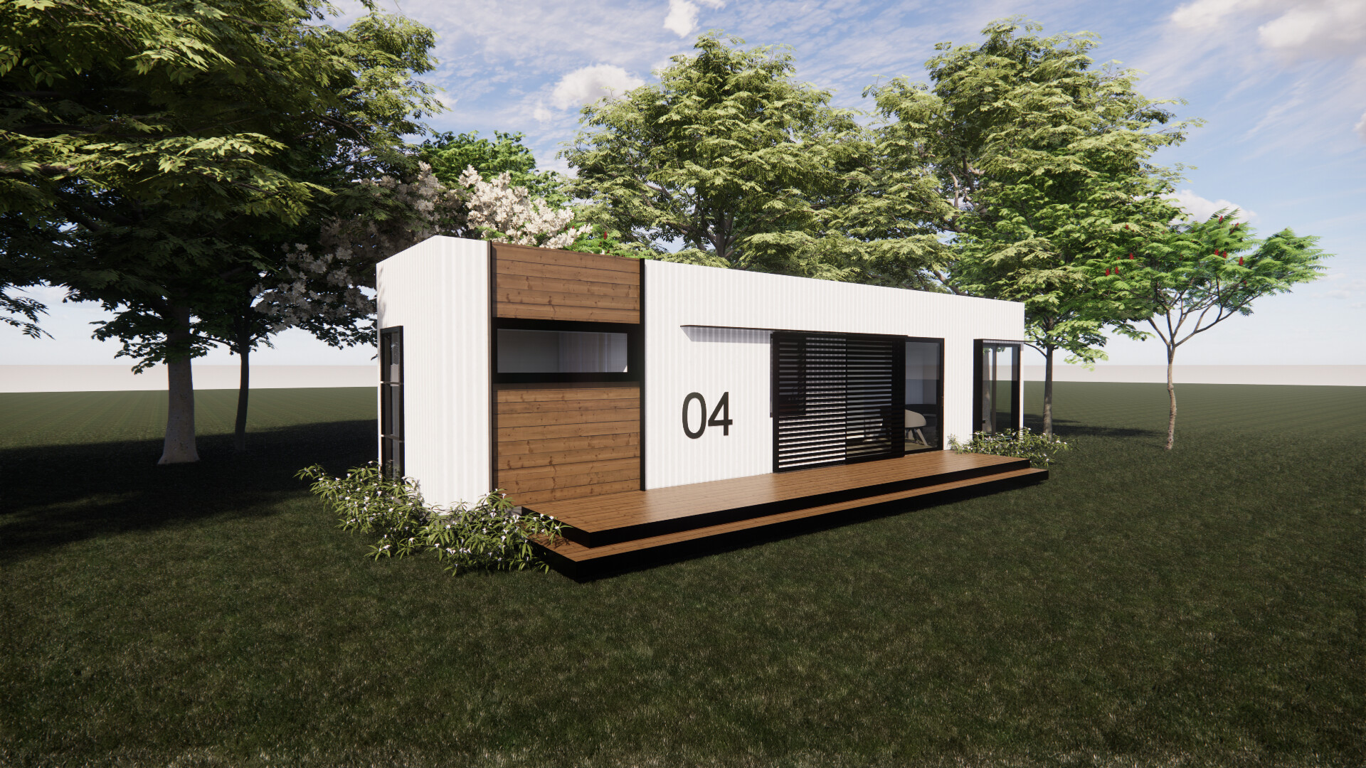 An artist 's impression of a small shipping container house in a field surrounded by trees.