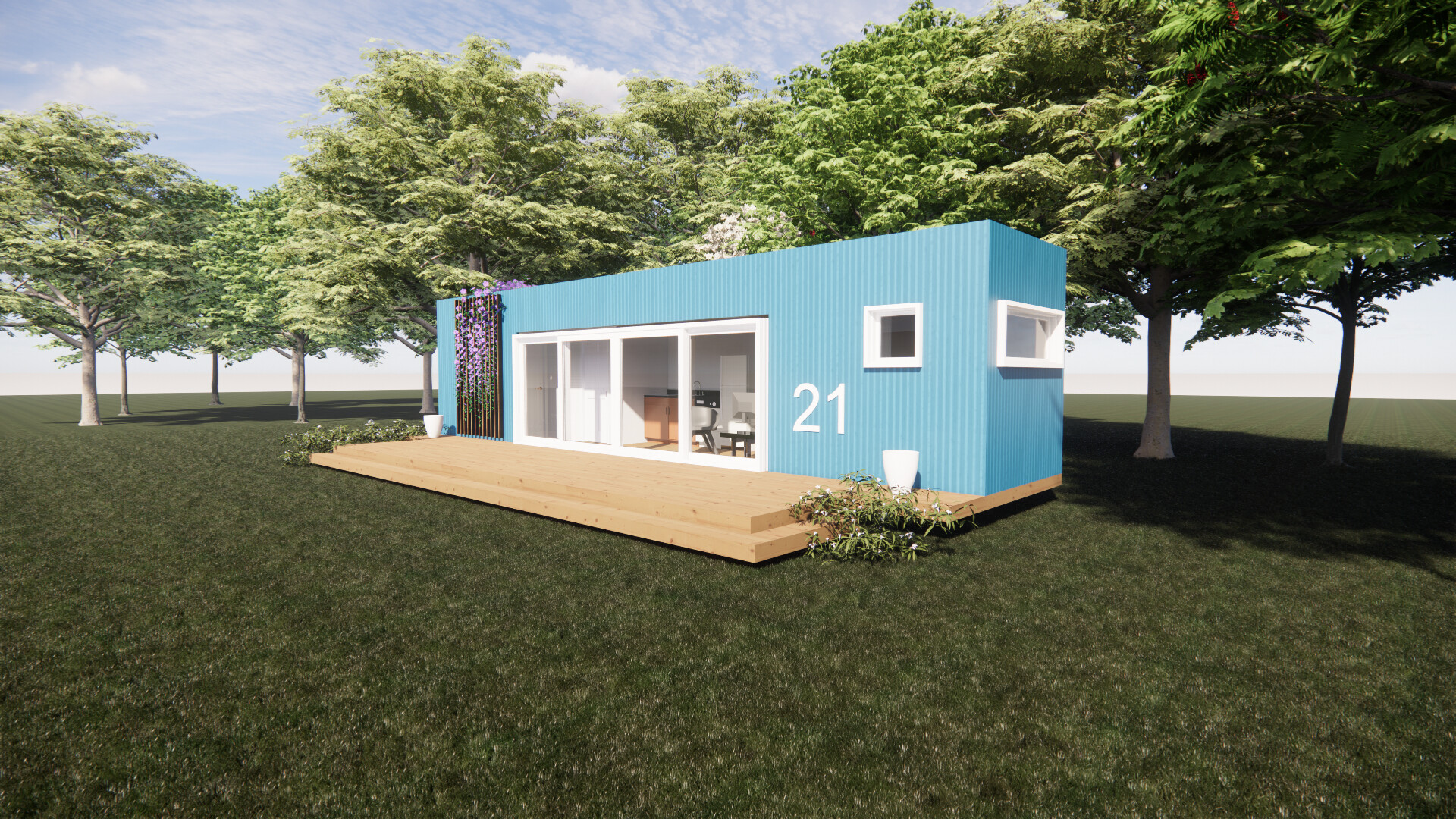 An artist 's impression of a blue shipping container house surrounded by trees.