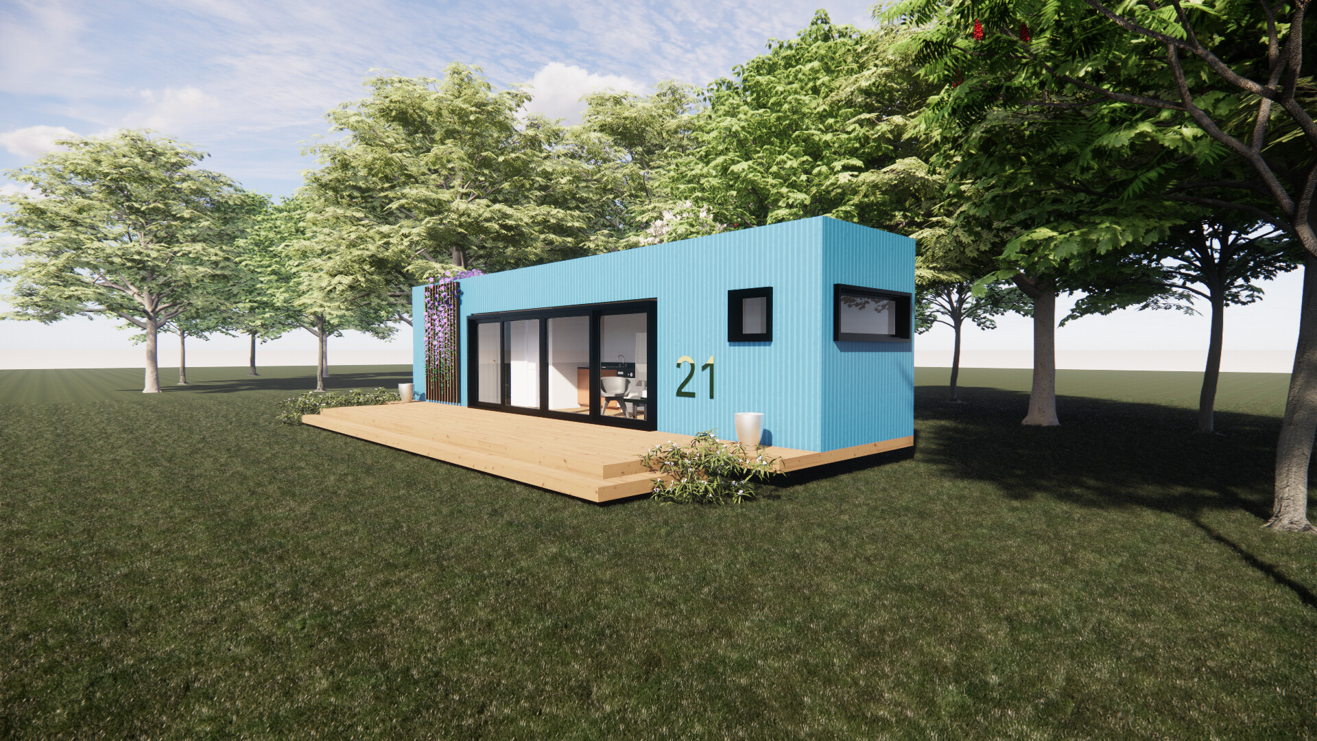 An artist 's impression of a blue shipping container house surrounded by trees.