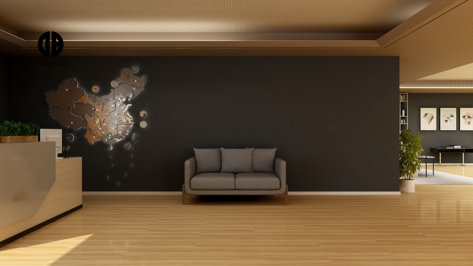 A living room with a couch and a map on the wall