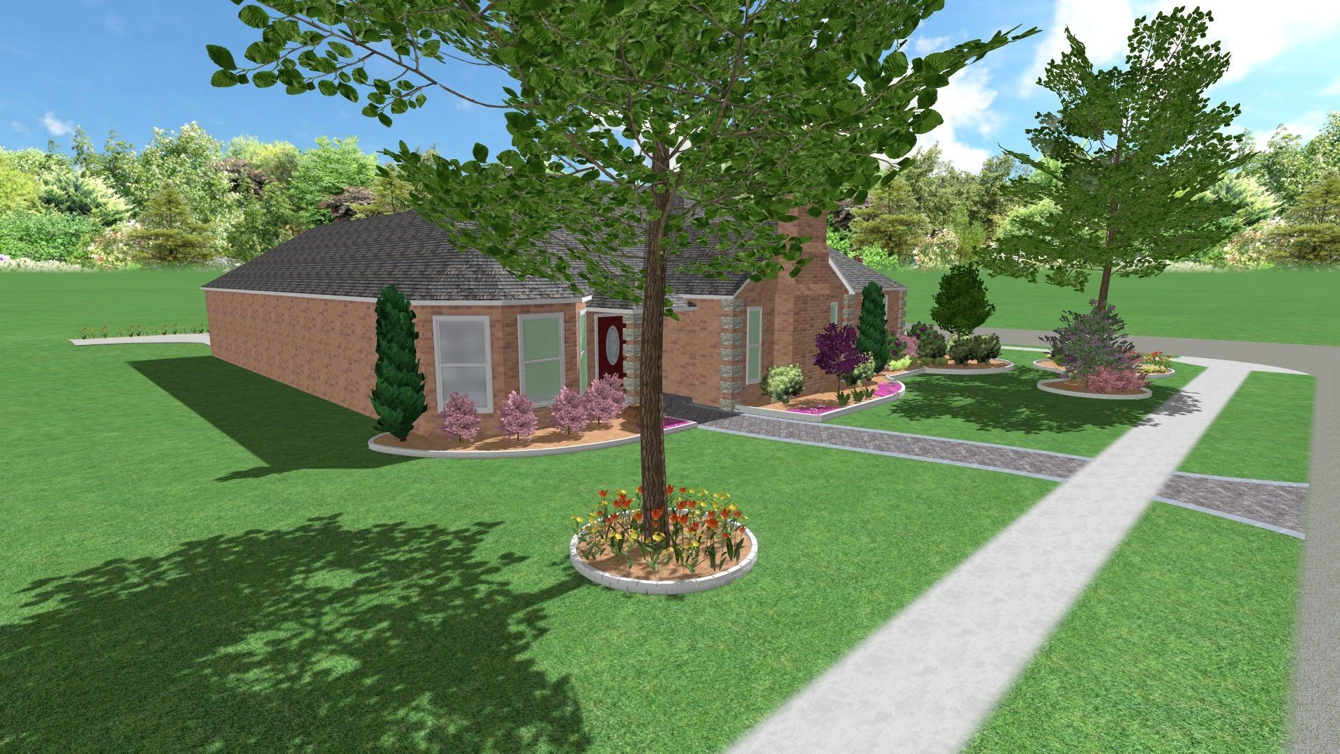 A computer generated image of a house with a tree in front of it