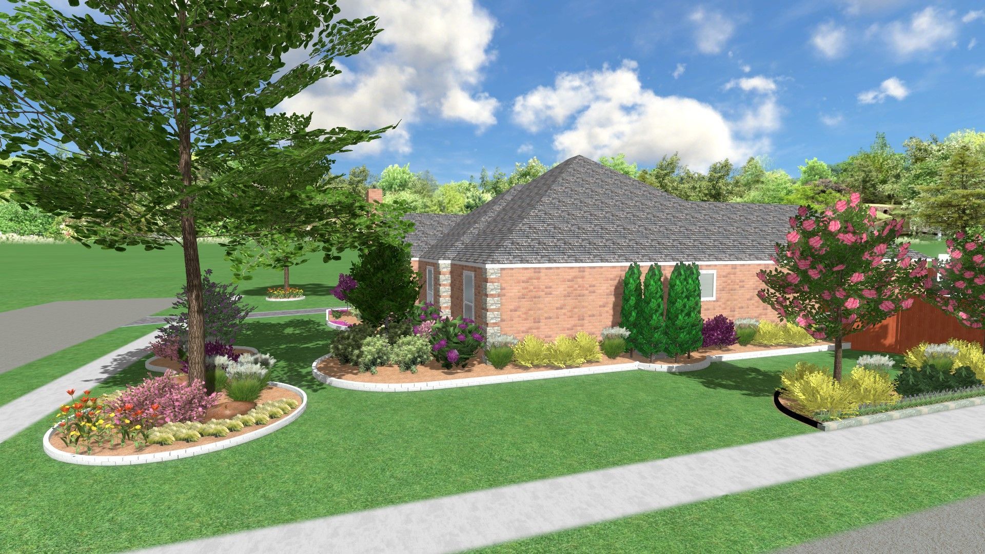 A 3d rendering of a brick house with a lush green lawn surrounded by trees and bushes.