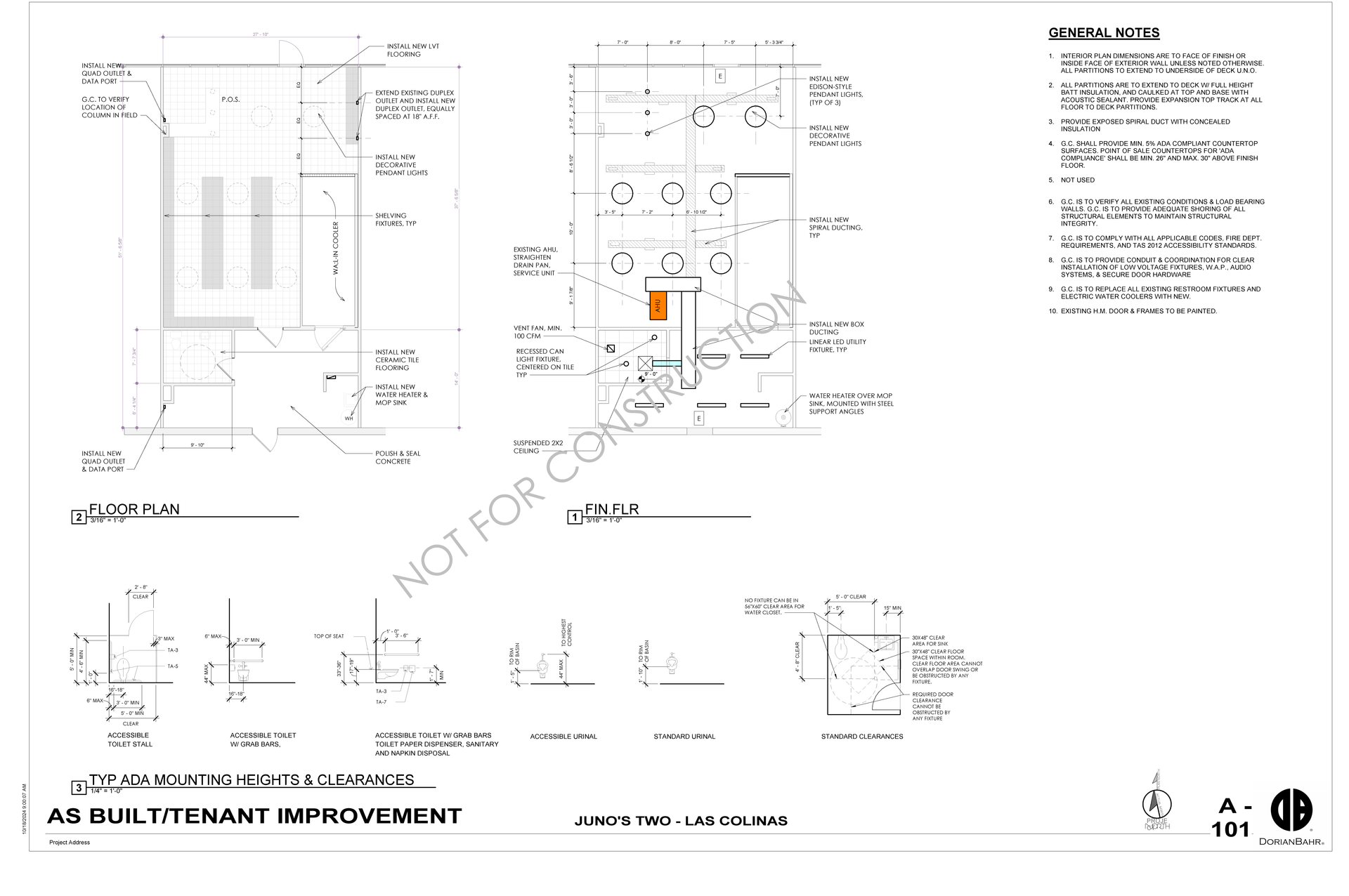 Architectural drawing: floor plan and details for a multi-tenant improvement, labeled A-101. Contains notes and diagrams.