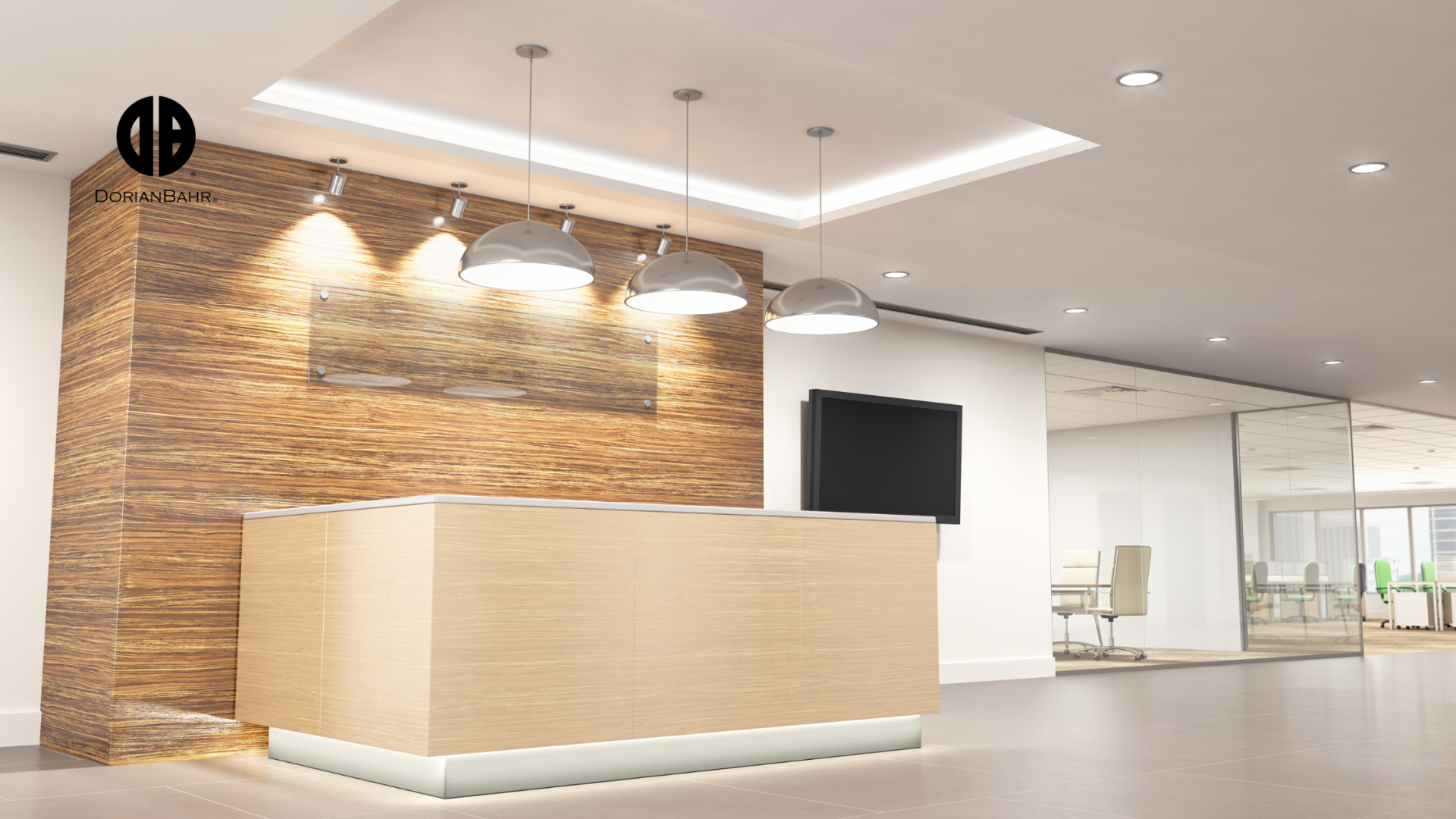 There is a wooden reception desk in the middle of the room.