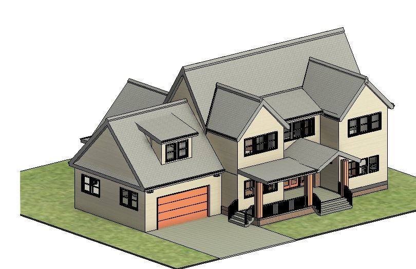 A model of a house with a garage and porch