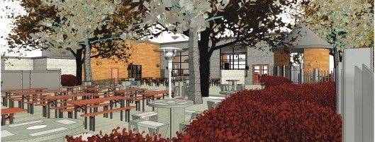 A computer generated image of a picnic area with tables and trees.