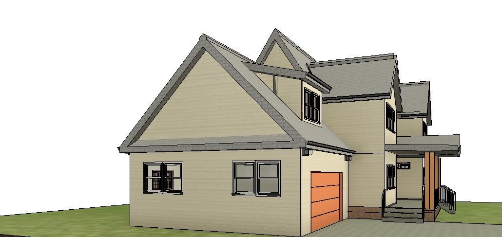 A drawing of a house with an orange garage door