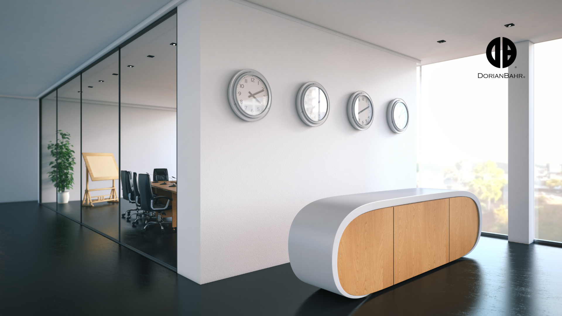 A modern office with clocks on the wall and a wooden counter.