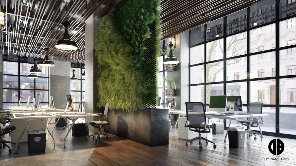 A modern office with lots of windows and a green wall.