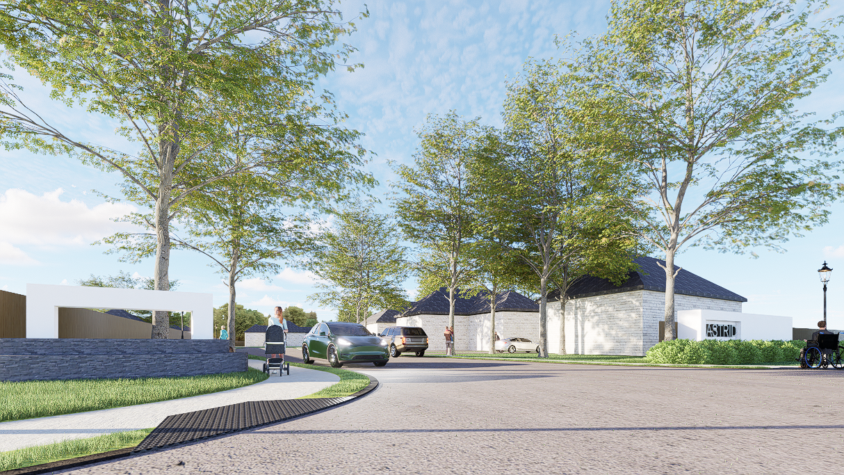 A couple of cars are parked on the side of the road in front of a neighborhood in a 3D rendering .