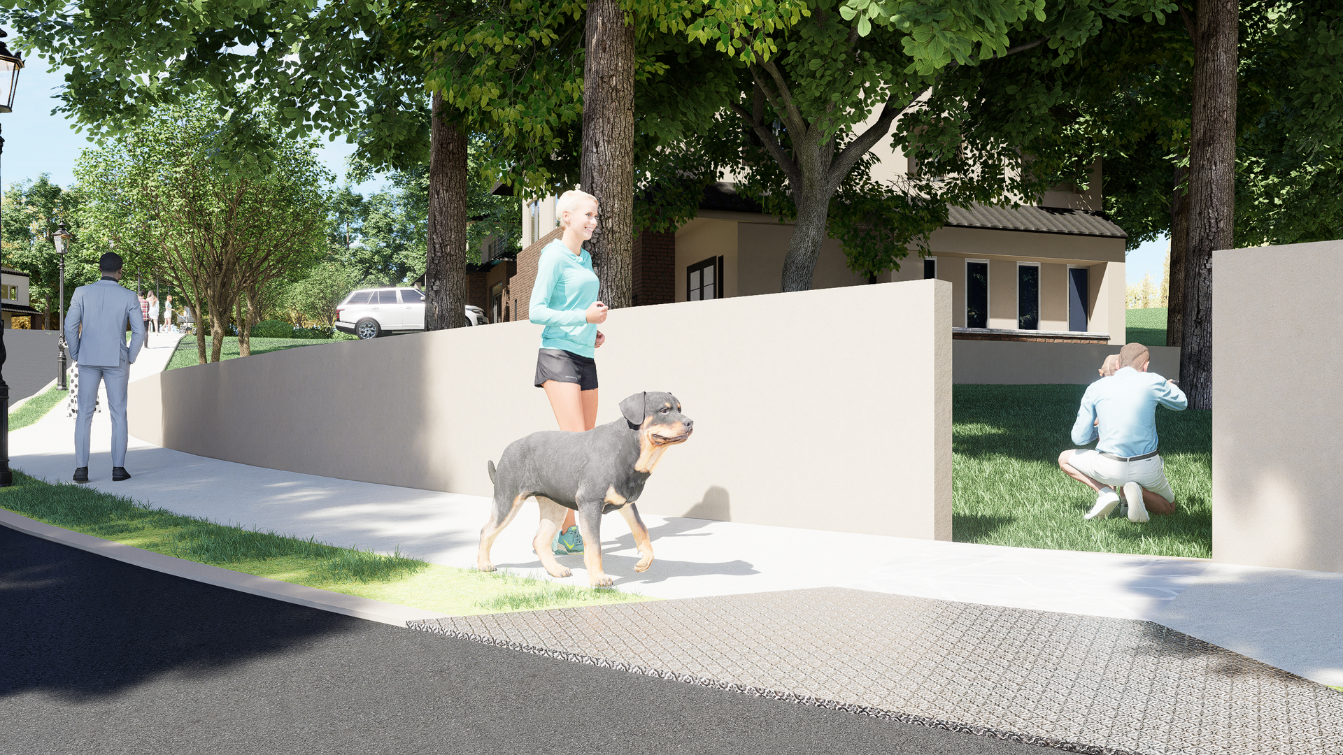 Sidewalk scene: person walking dog, runner, man by wall, car. Trees and buildings in the background.