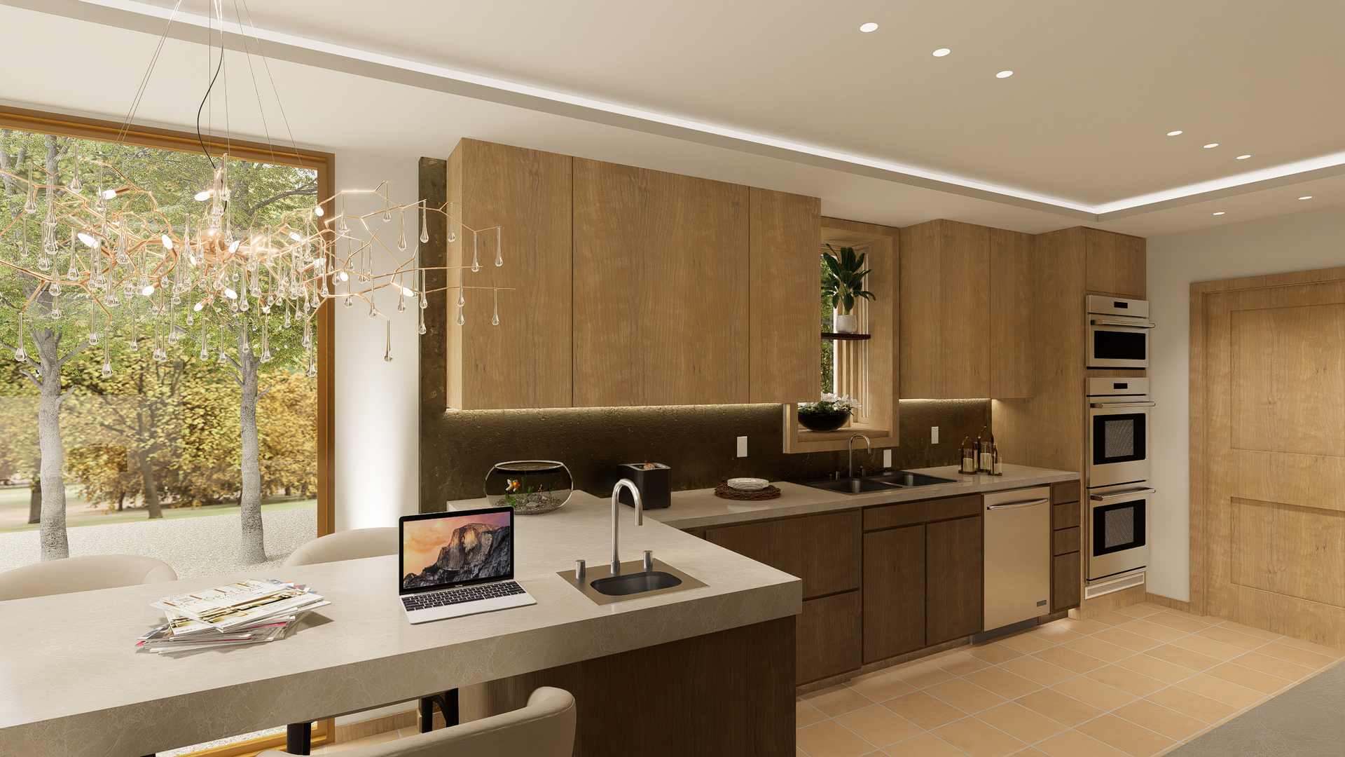 A kitchen with wooden cabinets and a laptop on the counter.