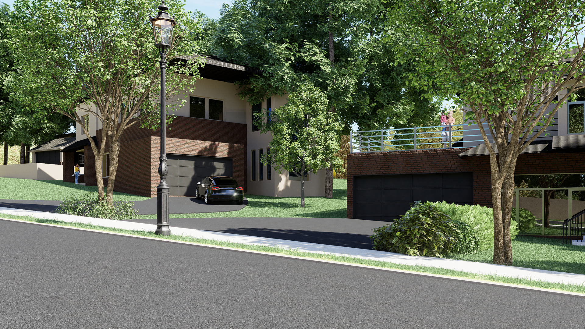 A car is parked in front of a house in a residential area.