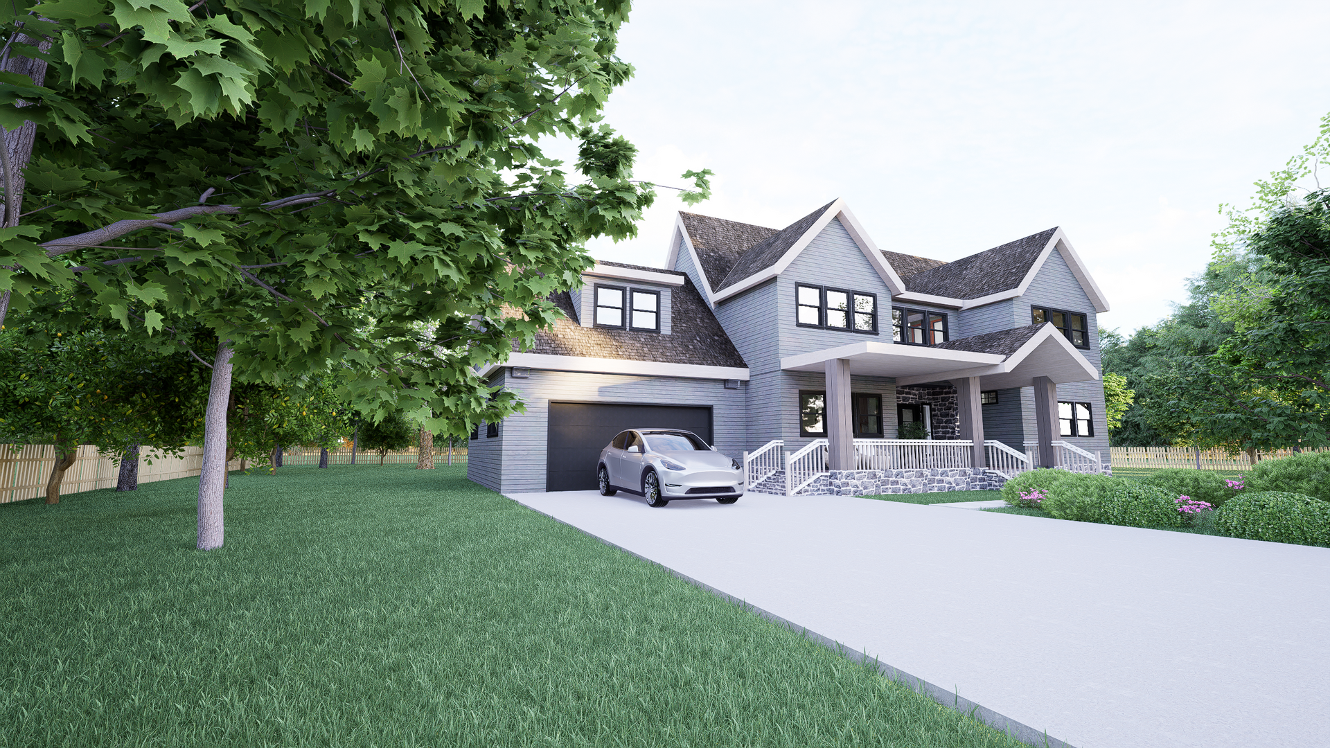 Two-story gray house with white porch and garage, car parked in the driveway, trees in front.