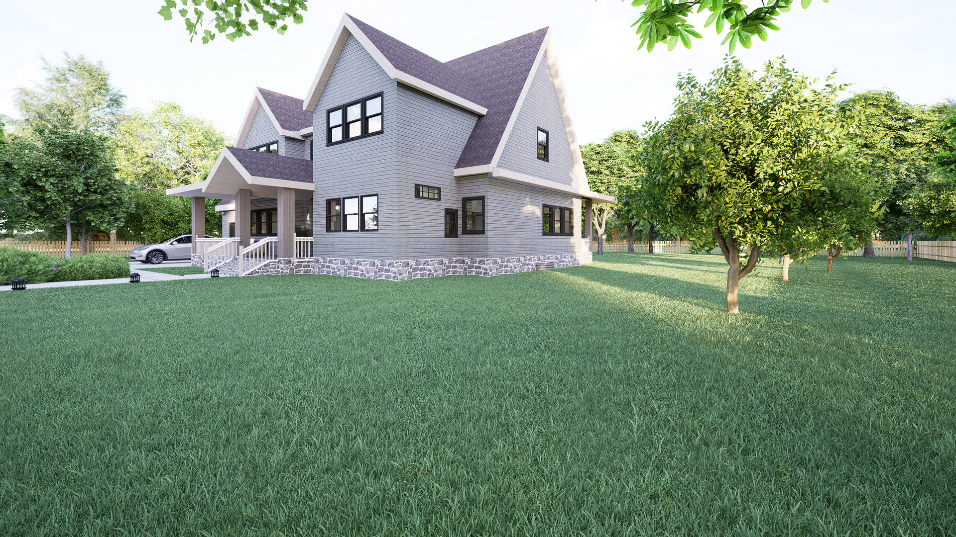 A 3D rendering large house is sitting on top of a lush green field surrounded by trees.