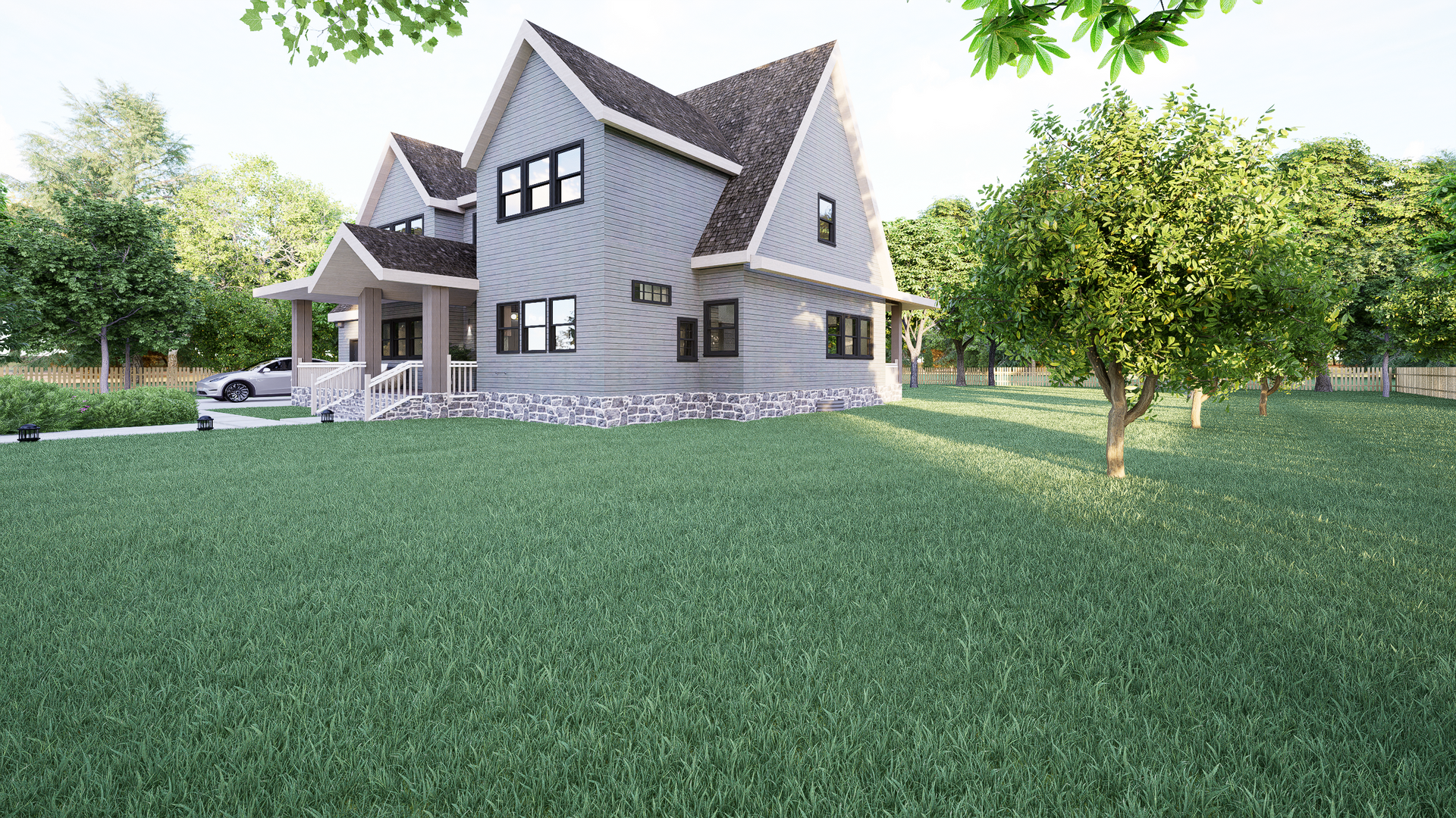 Modern gray house with green yard and trees. Sunny day.