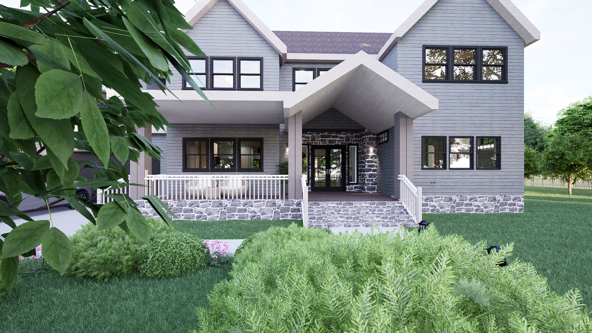 A 3d rendering of a house with a porch and a lot of windows.