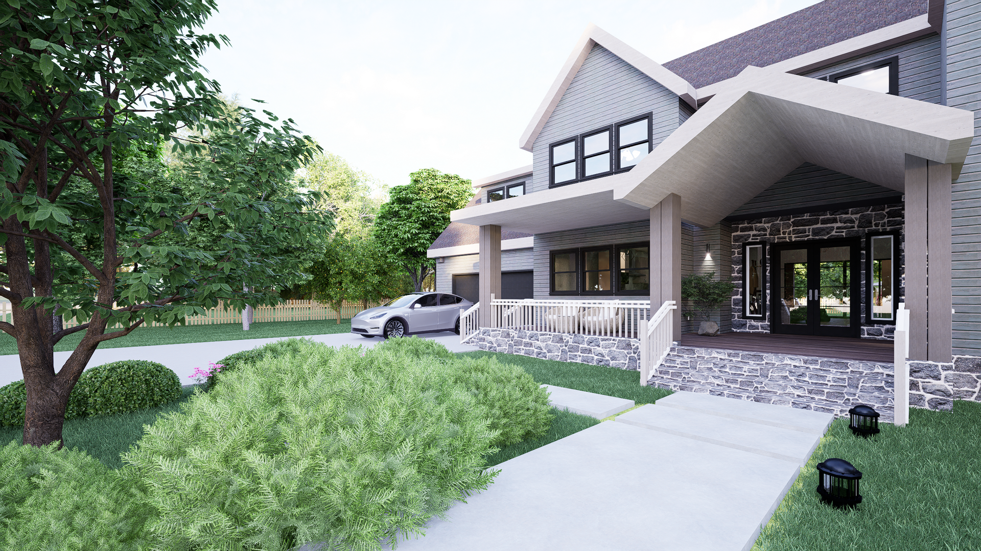 A 3D rendering  large house with a car parked in front of it.