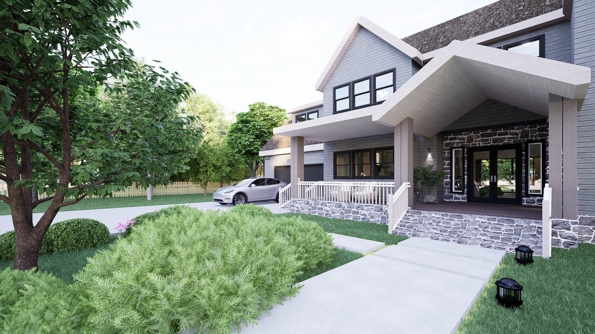 Modern gray house with stone accents, driveway, and lush landscaping.