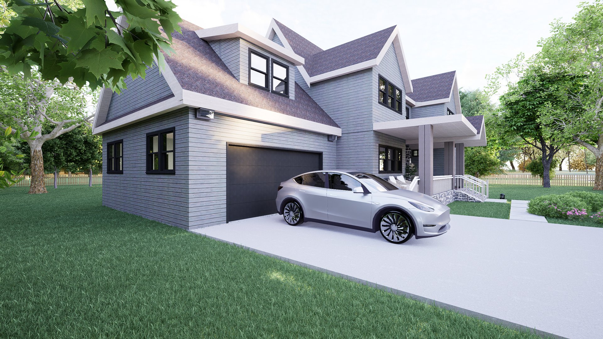 A 3D rendering car is parked in front of a large house.