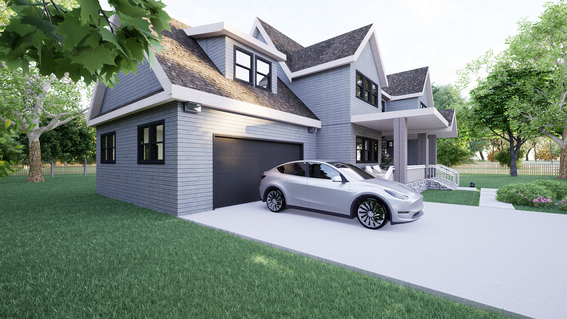 Modern gray house with a garage and a car parked in the driveway. Green grass and trees surround.
