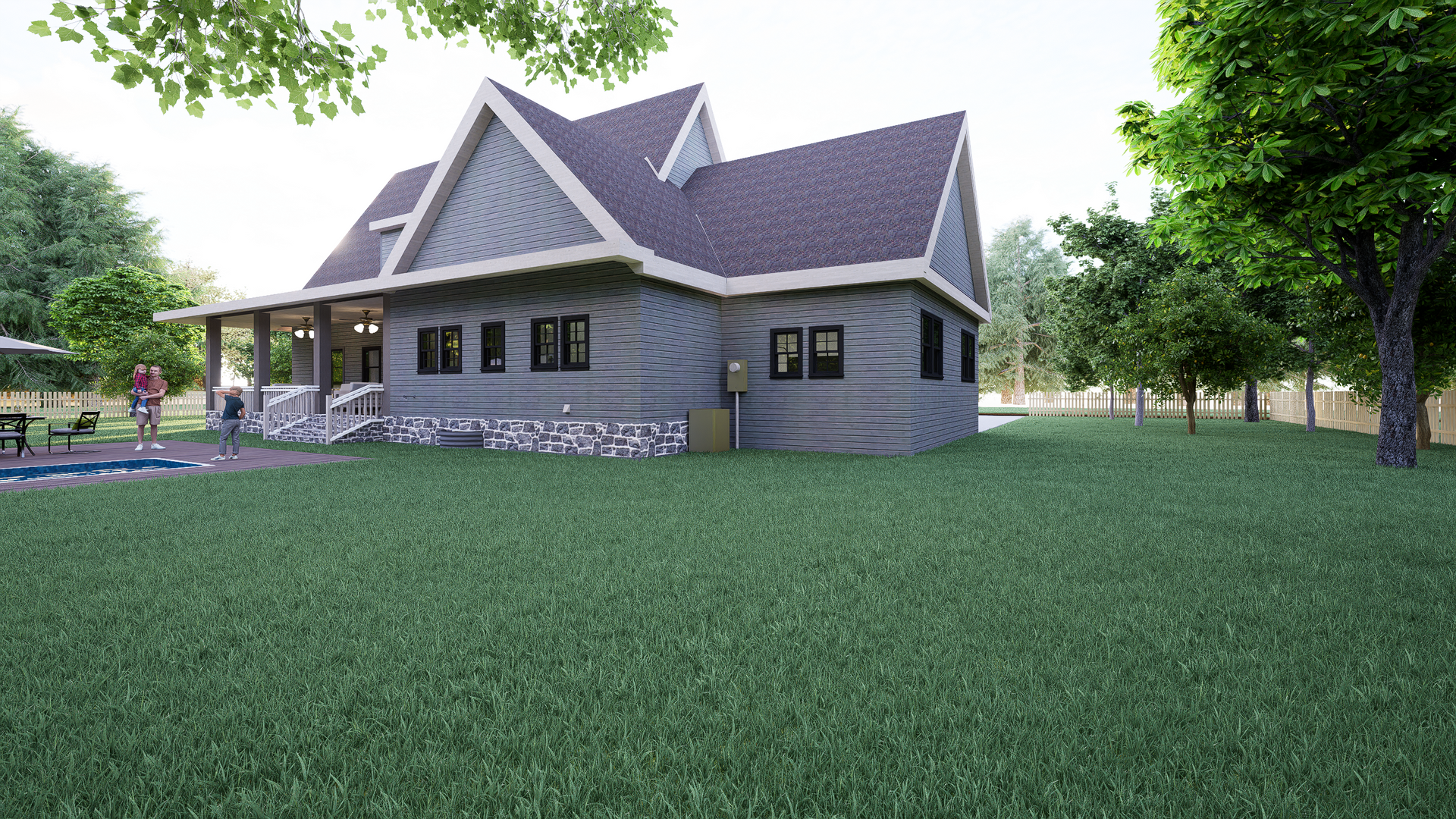 A 3D rendering house is sitting on top of a lush green field surrounded by trees.