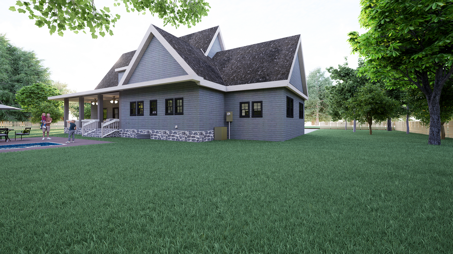 A gray house with a dark roof surrounded by green grass and trees.