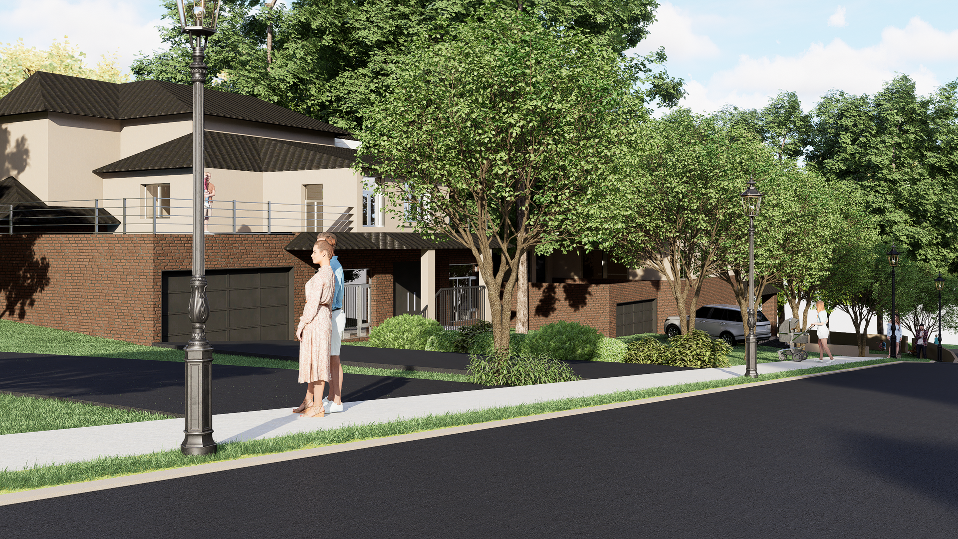 A couple stands near a sidewalk in front of a two-story house with a brick facade and a line of trees.