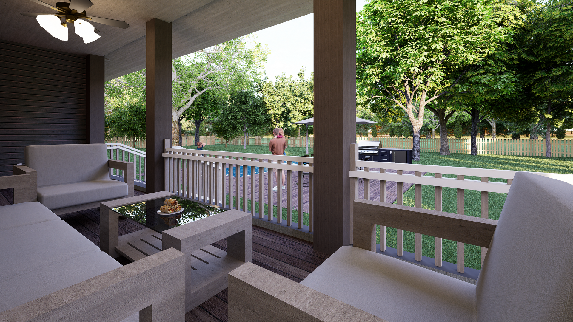 Covered porch with seating, overlooking a backyard with a pool and trees.