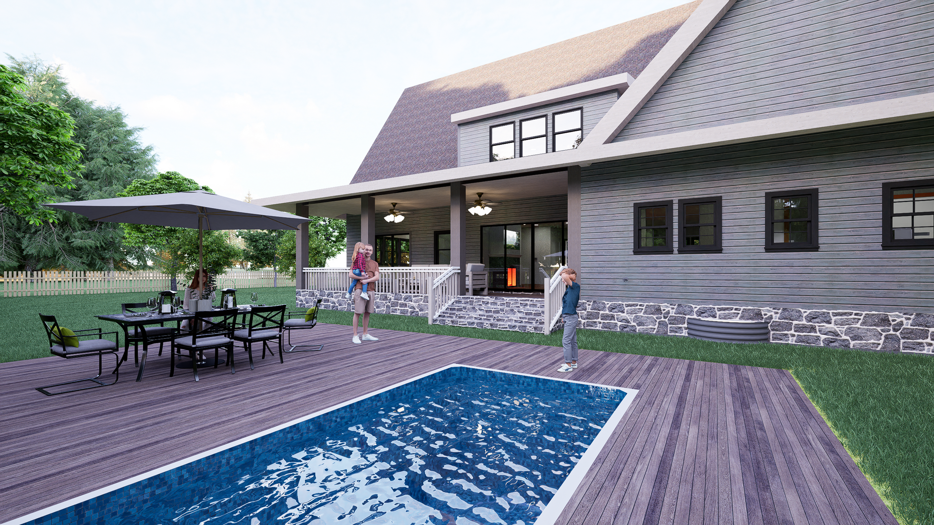 A 3D rendering house with a large swimming pool in front of it.
