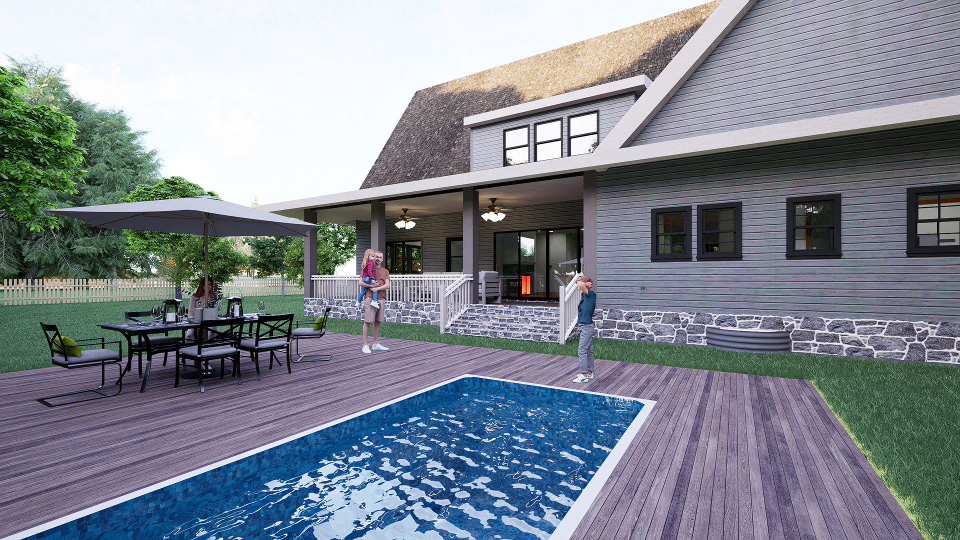 House with pool, deck, and patio. People are present. Gray siding, dark roof, and green lawn.