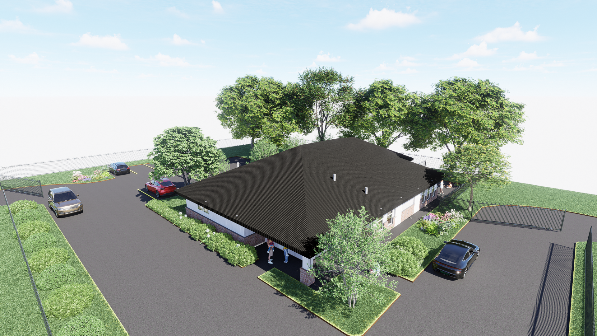 An aerial view of a house with cars parked in front of it.
