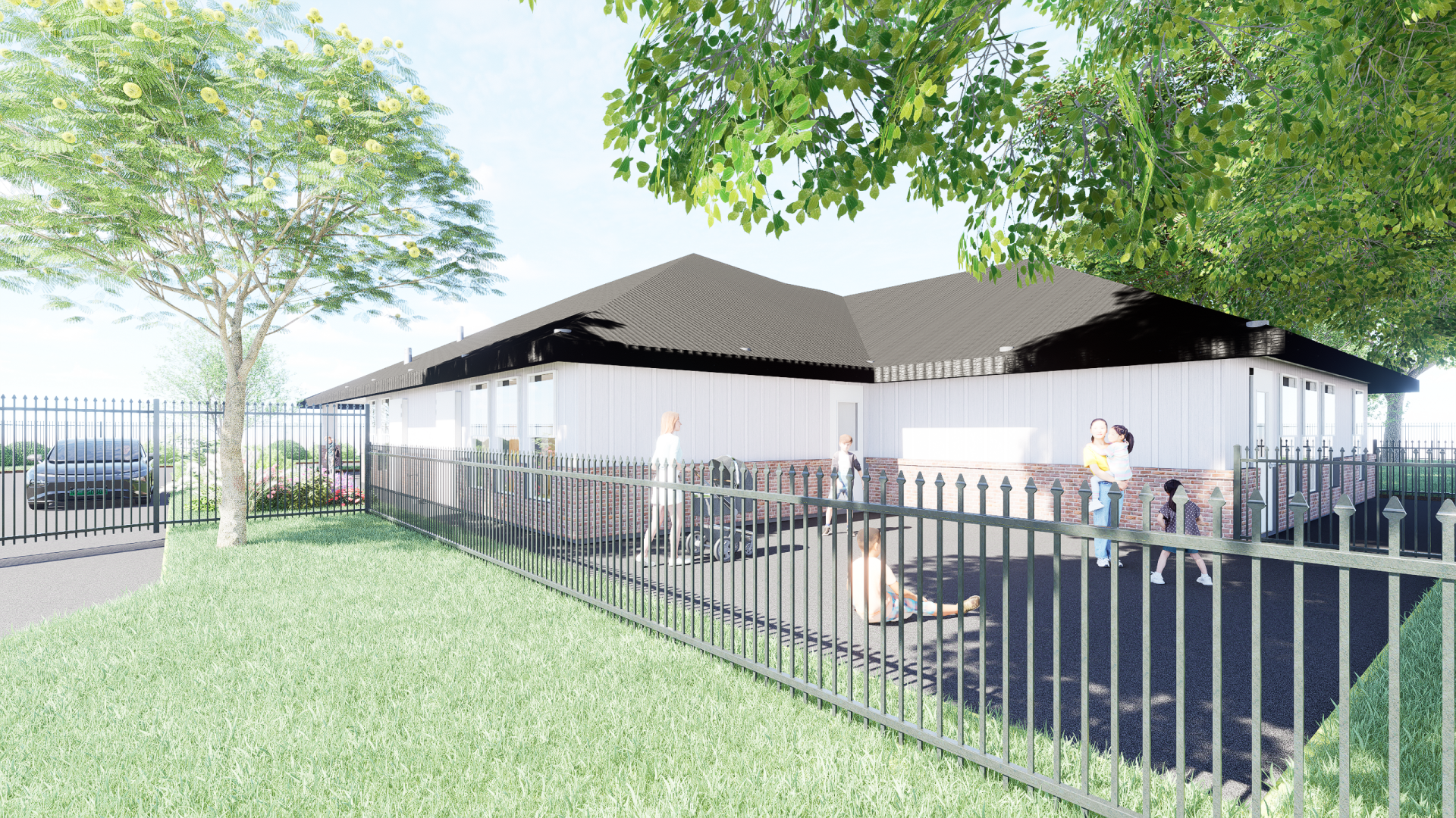 An artist 's impression of a house with a fence around it.