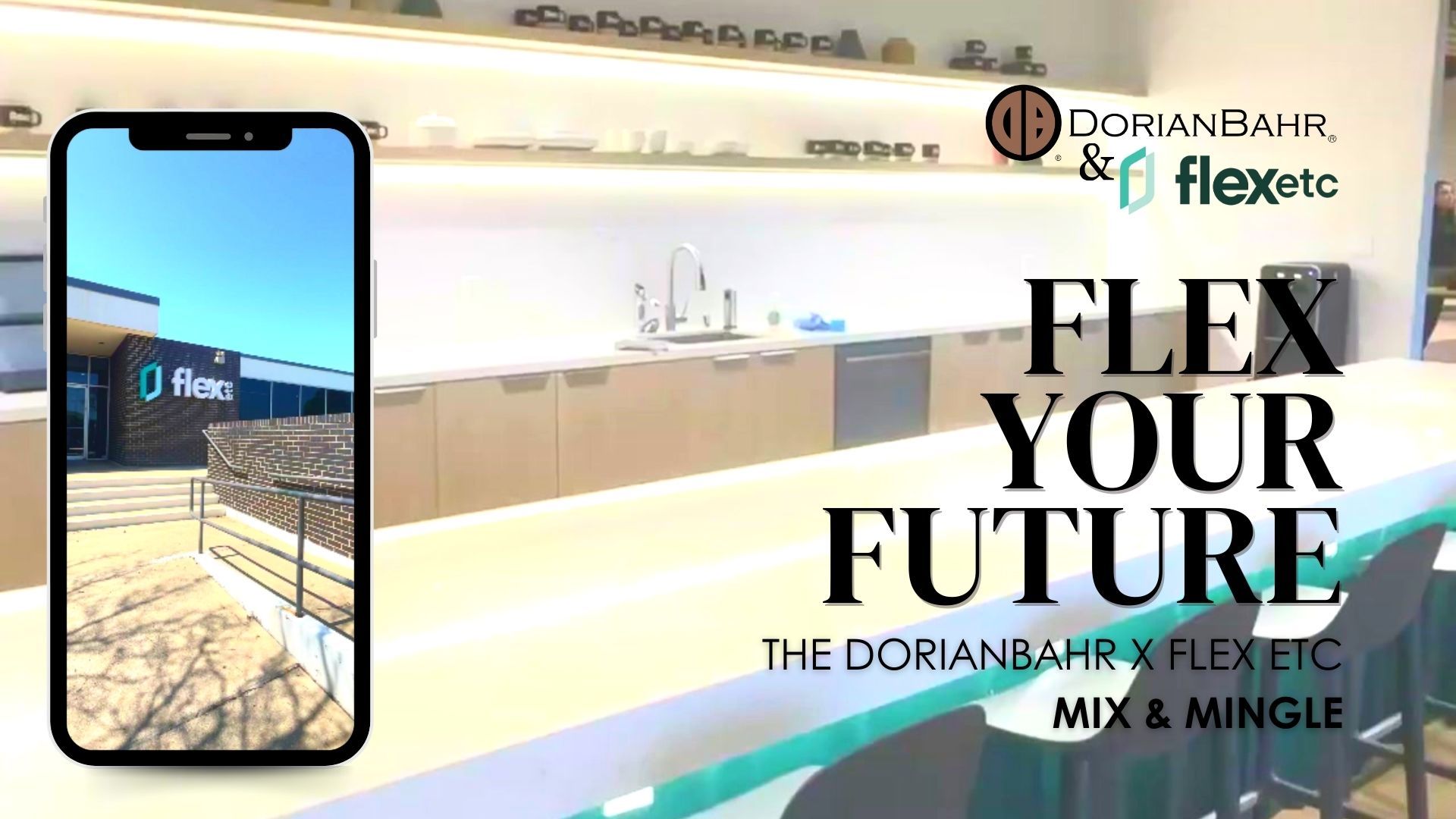 A phone with a picture of a kitchen and the words `` flex your future '' on it.