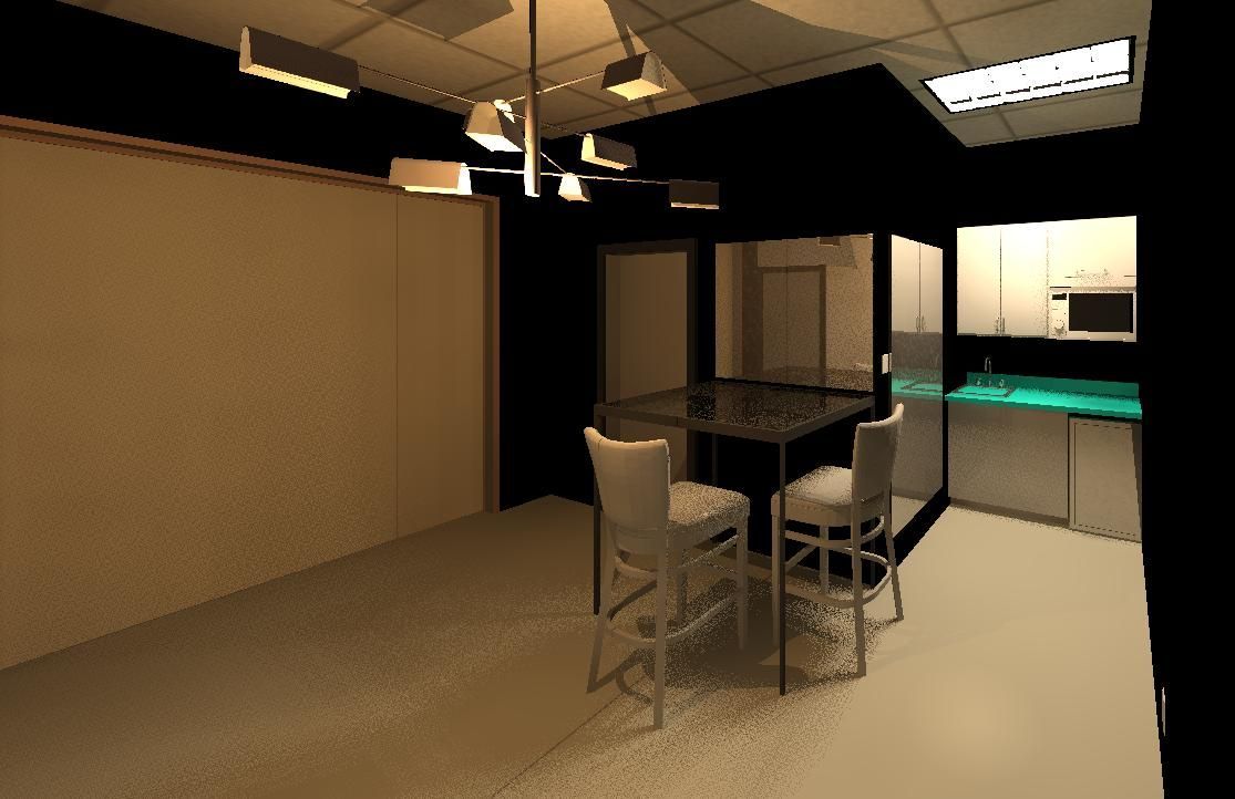 A computer generated image of a dining room with a table and chairs
