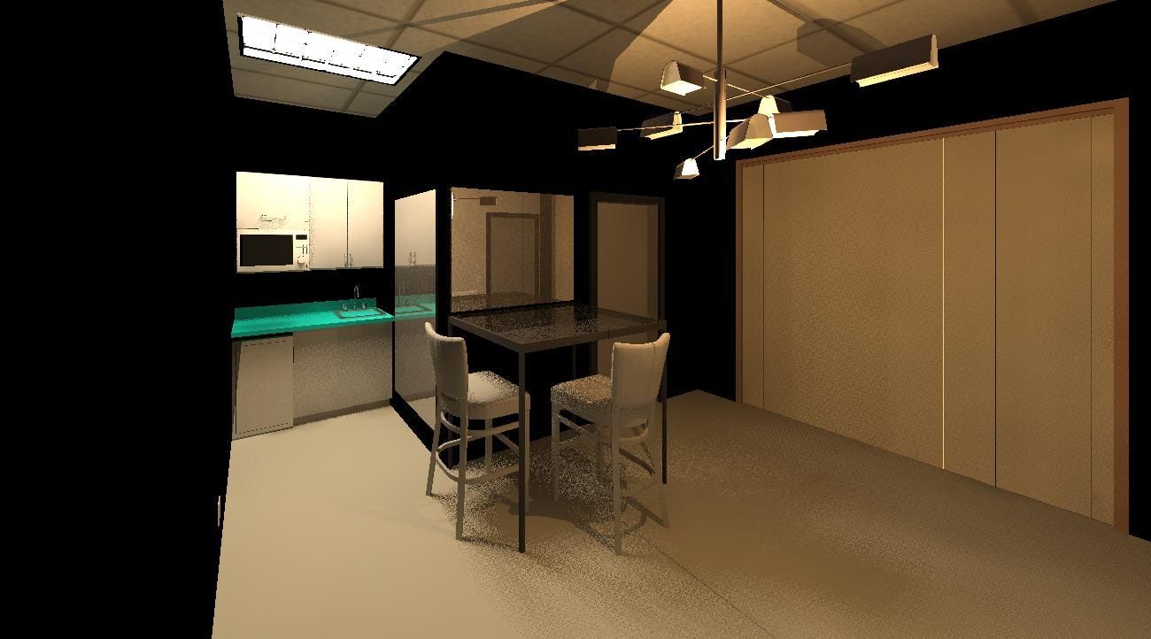 A room with a table and chairs in it