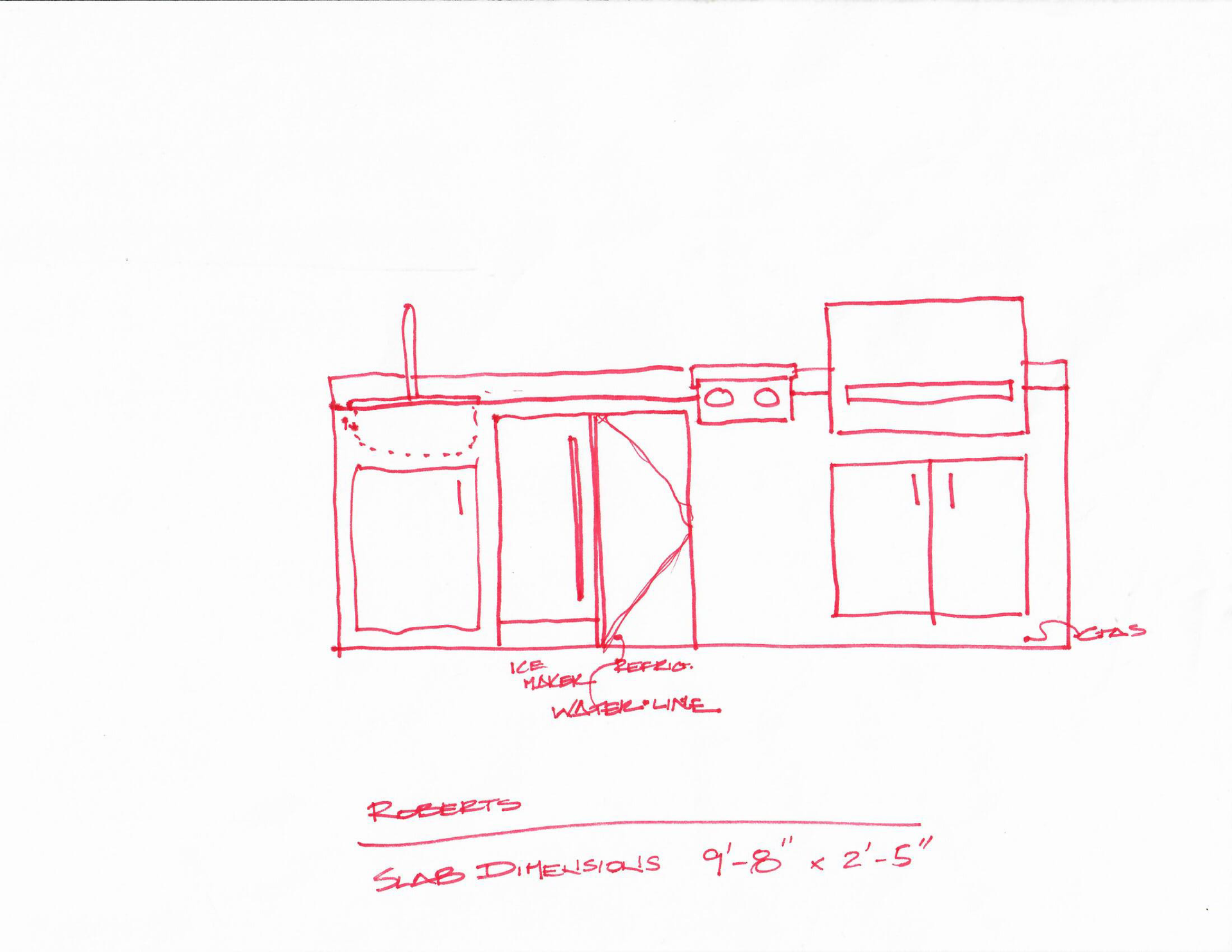 A red and white drawing of a kitchen with measurements