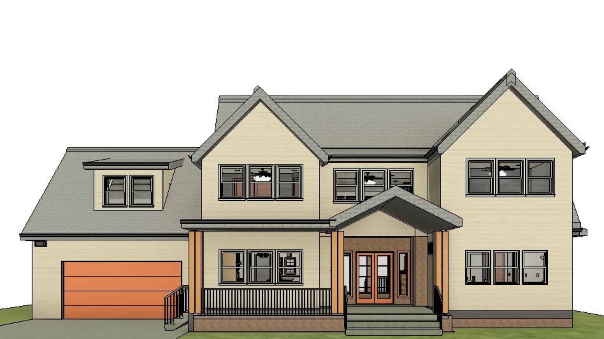 A 3D rendering large house with a garage and a porch