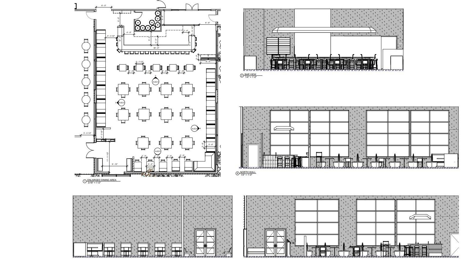 A black and white drawing of a restaurant and floor plan building with a lot of windows.